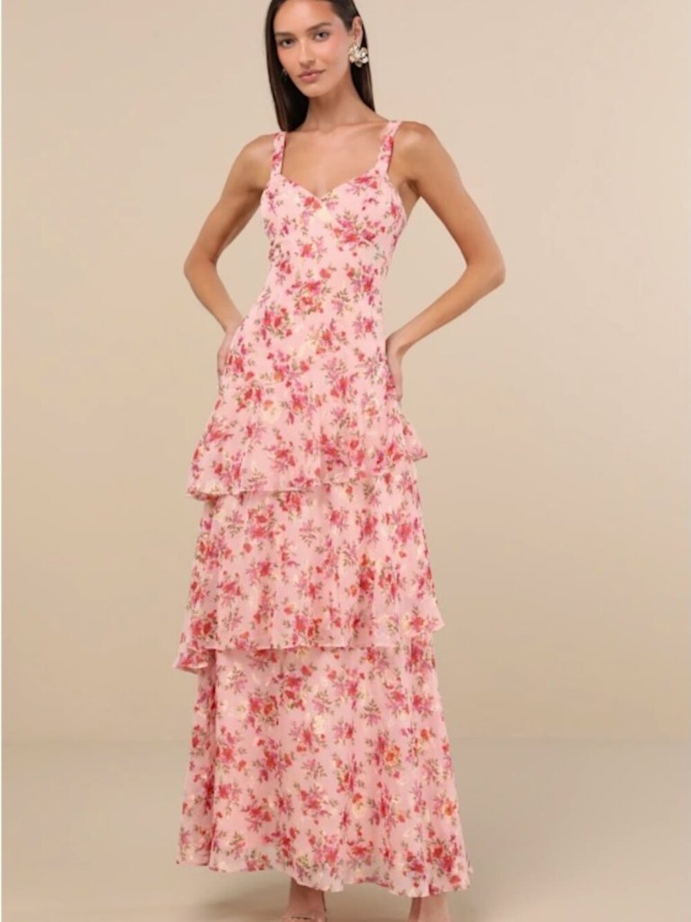 Lulus' Laurette Pink Floral Tiered Sleeveless Maxi Dress (S)